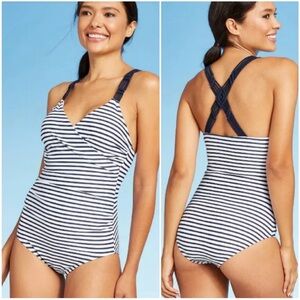 Kona Sol navy and white shirred one piece swimsuit.